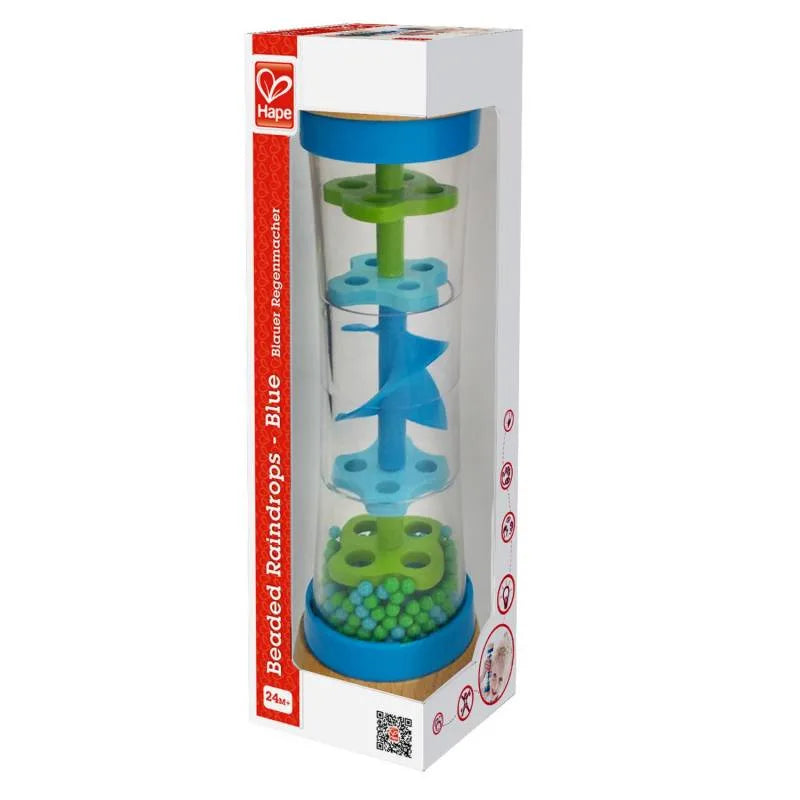 Packaged blue beaded raindrop stacking toy in clear box