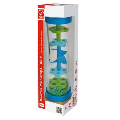 Packaged blue beaded raindrop stacking toy in clear box