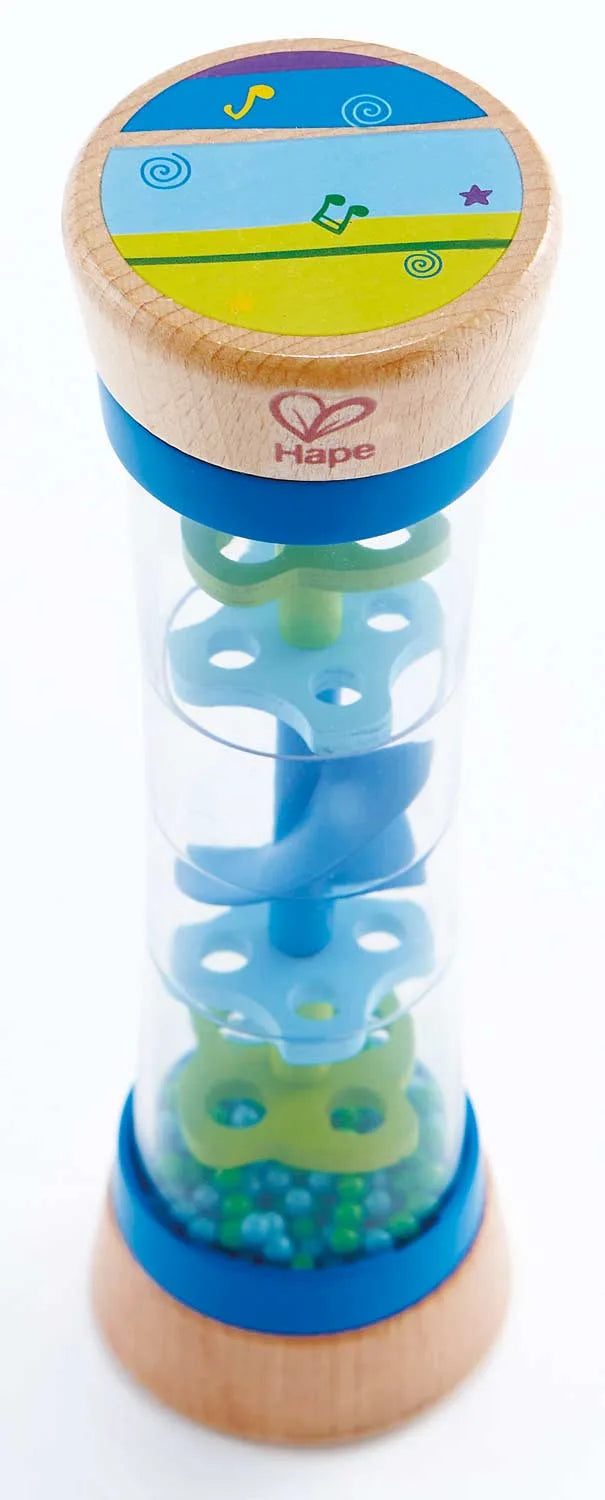 Blue beaded raindrop toy with wooden base and stacked blue and green bead rings