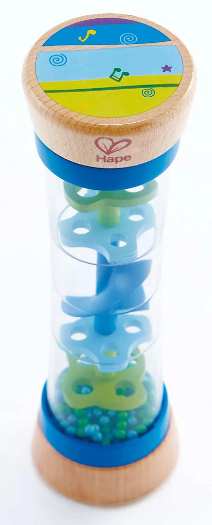 Blue beaded raindrop toy with wooden base and stacked blue and green bead rings