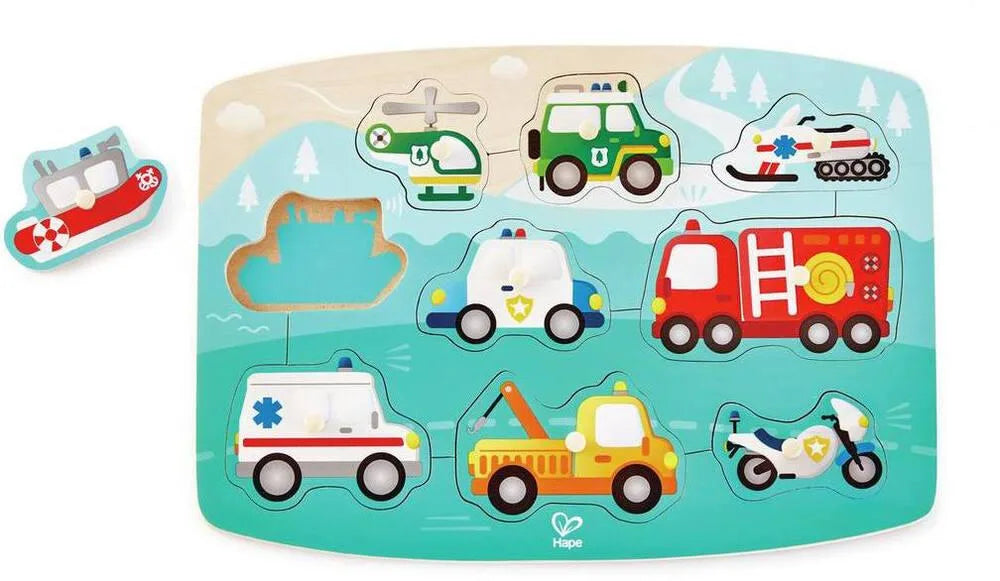 Wooden emergency vehicle peg puzzle board with colorful vehicle pieces and pegs