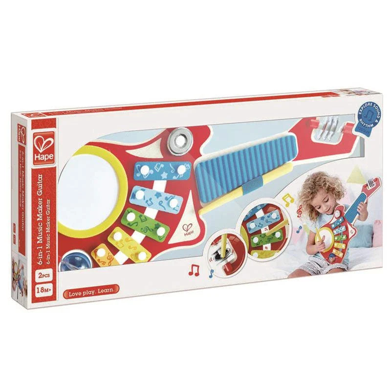 Hape 6-IN-1 Music Maker box, guitar toy with drum and xylophone bars for kids
