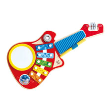 6-IN-1 Music Maker toy guitar, red body, blue bars, yellow drum and bell