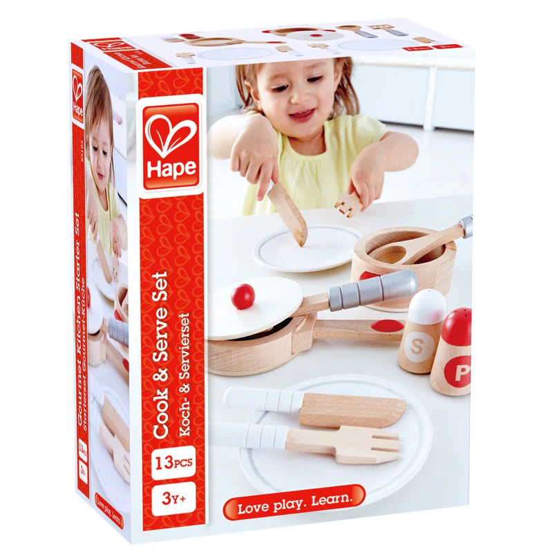 Hape Cook & Serve Set doos met 13-delige houten kookaccessoires