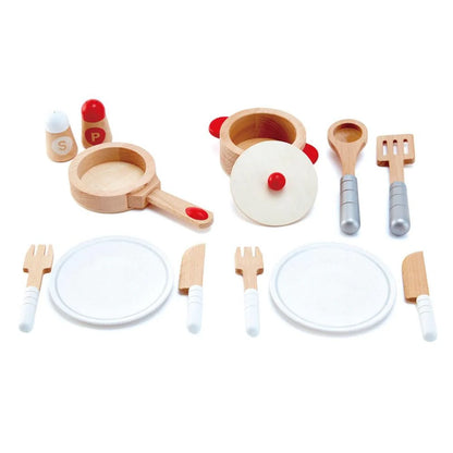 Cook & Serve Set: houten pan met deksel, bestek en ronde schotel