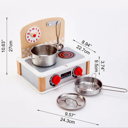 2-in-1 kitchen & grill set size diagram with pots, burner, and red knobs