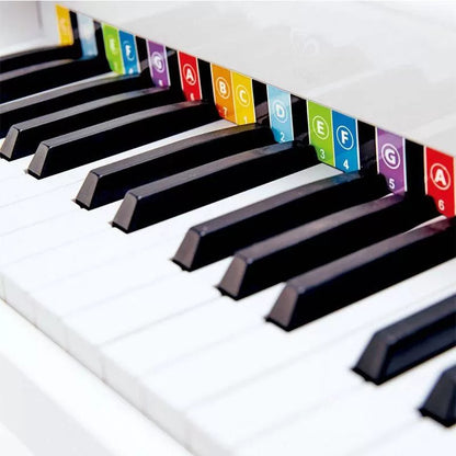 Close-up of white grand piano keys with colorful key-number markers