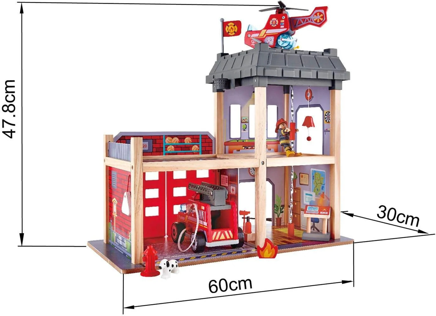 Fire station playset dimensions: 60cm wide, 30cm deep, 47.8cm high