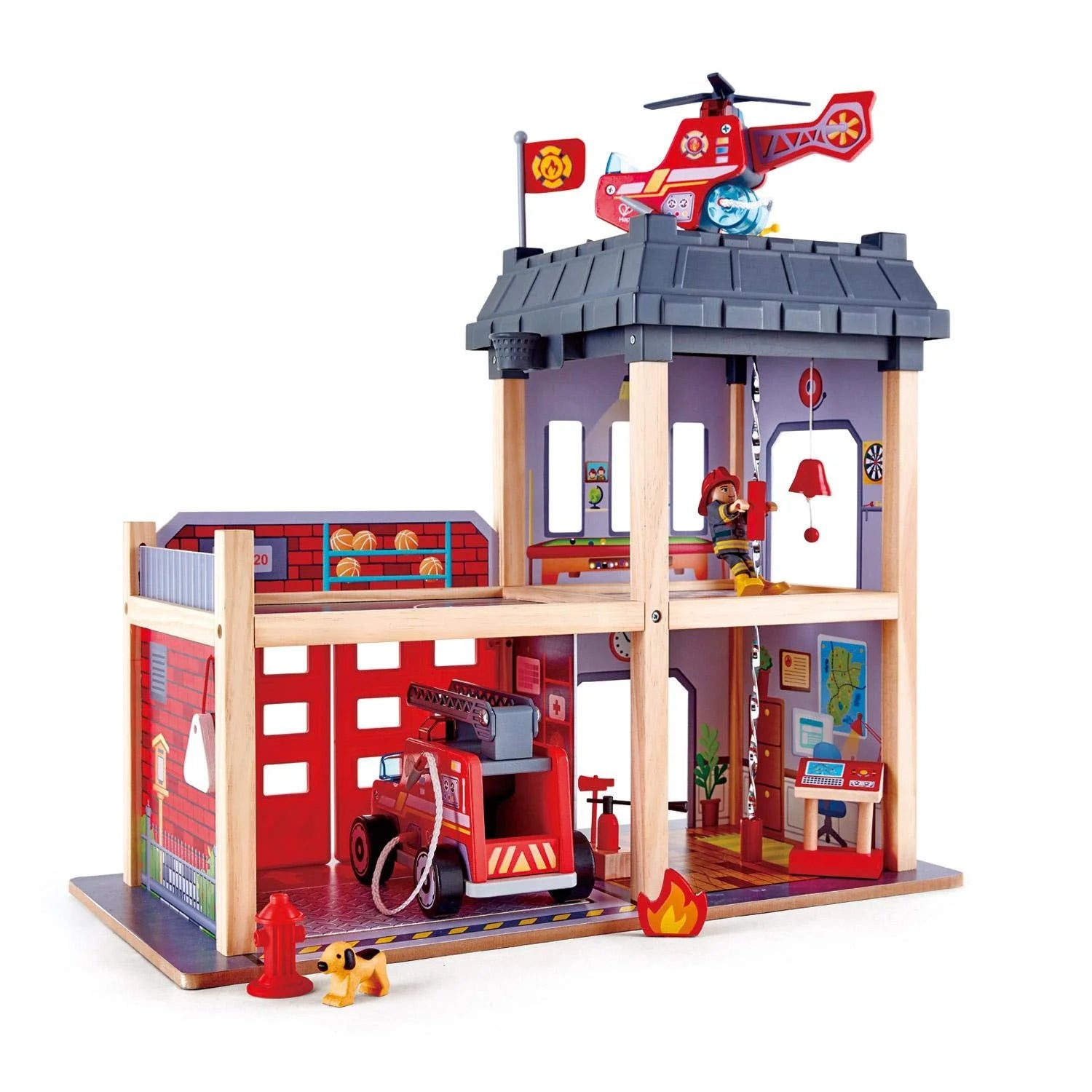 Fire station playset with red brick façade, dark grey roof, and fire truck