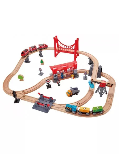 BUSY CITY RAIL SET wooden track with red bridge, stations and toy trains