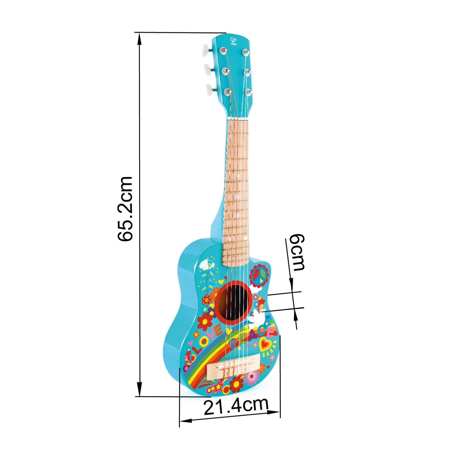 Turquoise toy guitar dimensions: 65.2 cm tall, 21.4 cm wide; colorful peace design