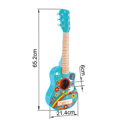 Turquoise toy guitar dimensions: 65.2 cm tall, 21.4 cm wide; colorful peace design