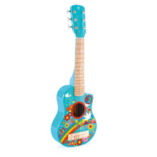 Turquoise toy guitar with flower-power artwork and round black sound hole