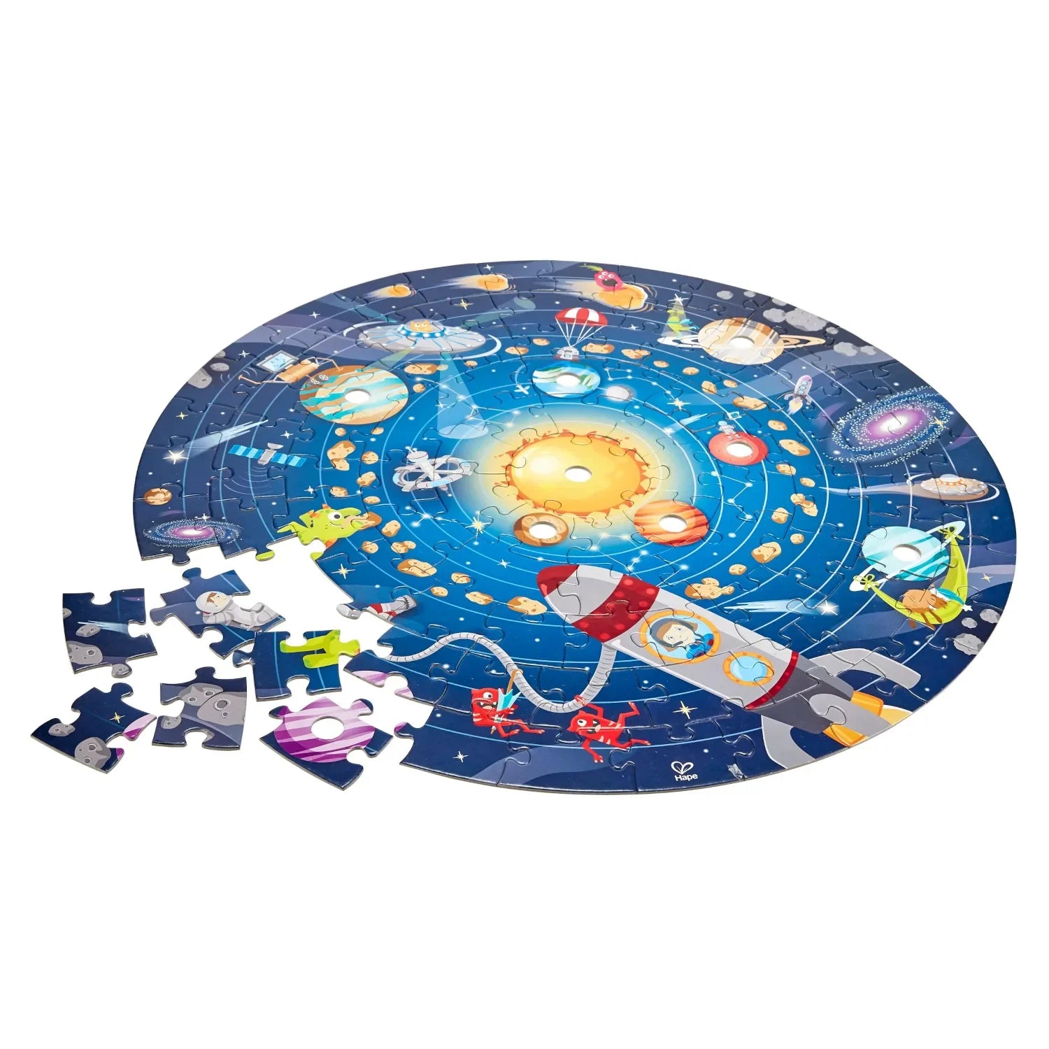 Solar System puzzle mat with space scenes; separate jigsaw pieces spread out