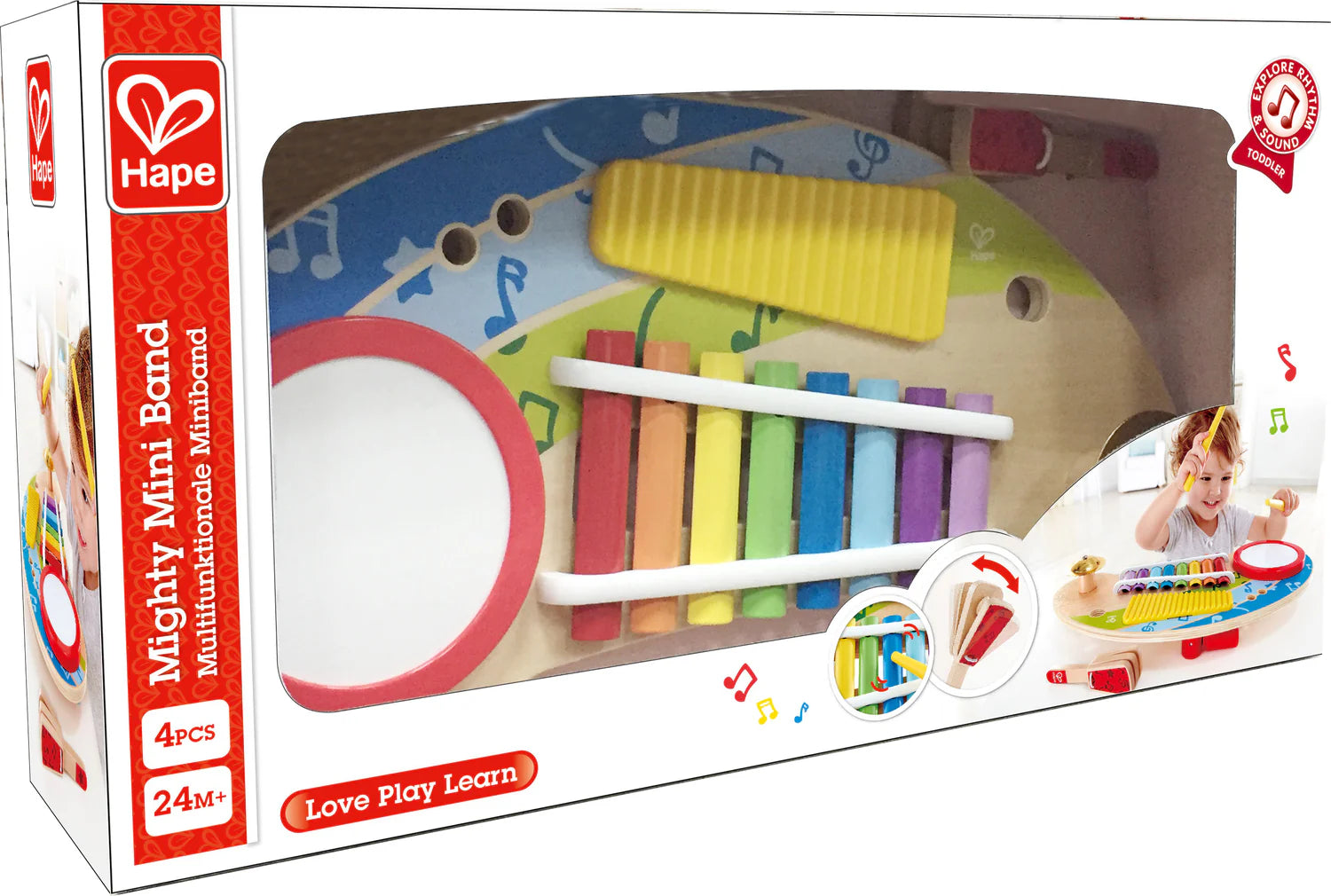 Hape product box showing a colorful mini xylophone set and round drum