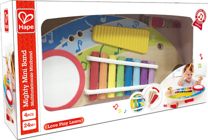 Hape product box showing a colorful mini xylophone set and round drum