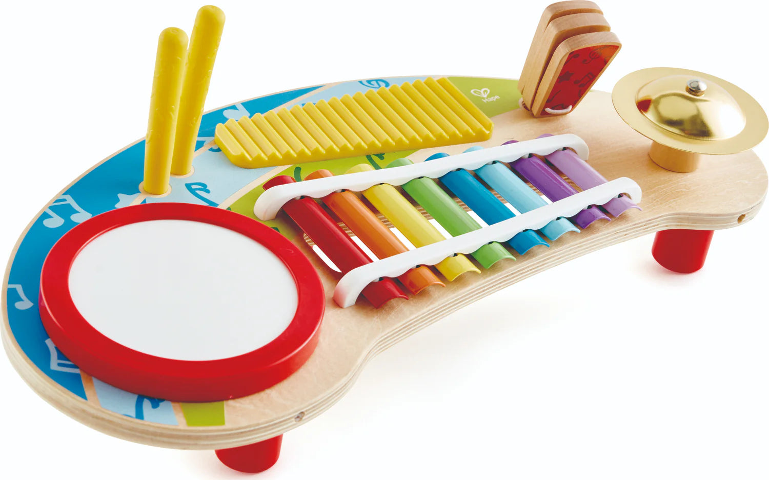 Wooden xylophone with colorful bars, mallets, and a red ring drum