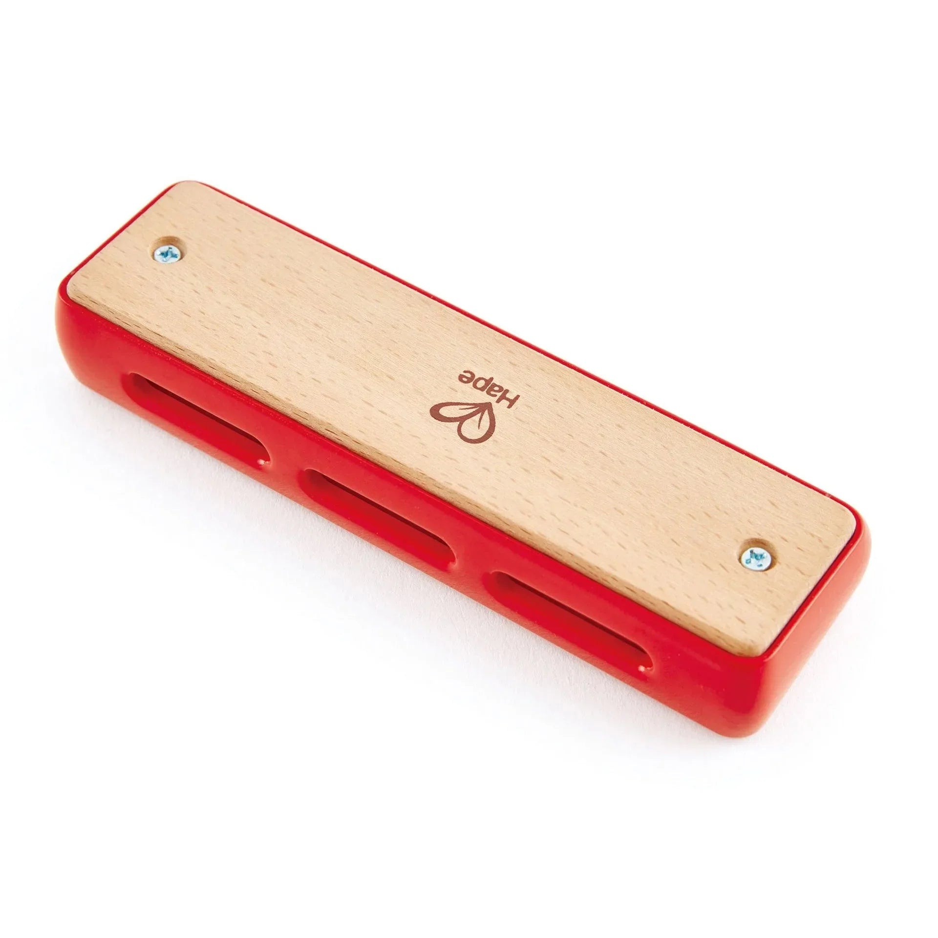 Wooden harmonica with red casing, top wood plate and side air holes