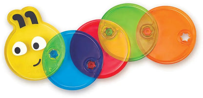 Colorful caterpillar toy with linked circular discs, face decals, and raised center buttons.