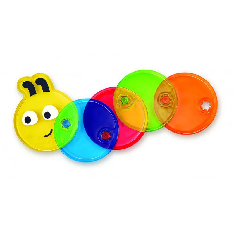 Colorful caterpillar toy with six linked circular segments, face decal, and raised button details.