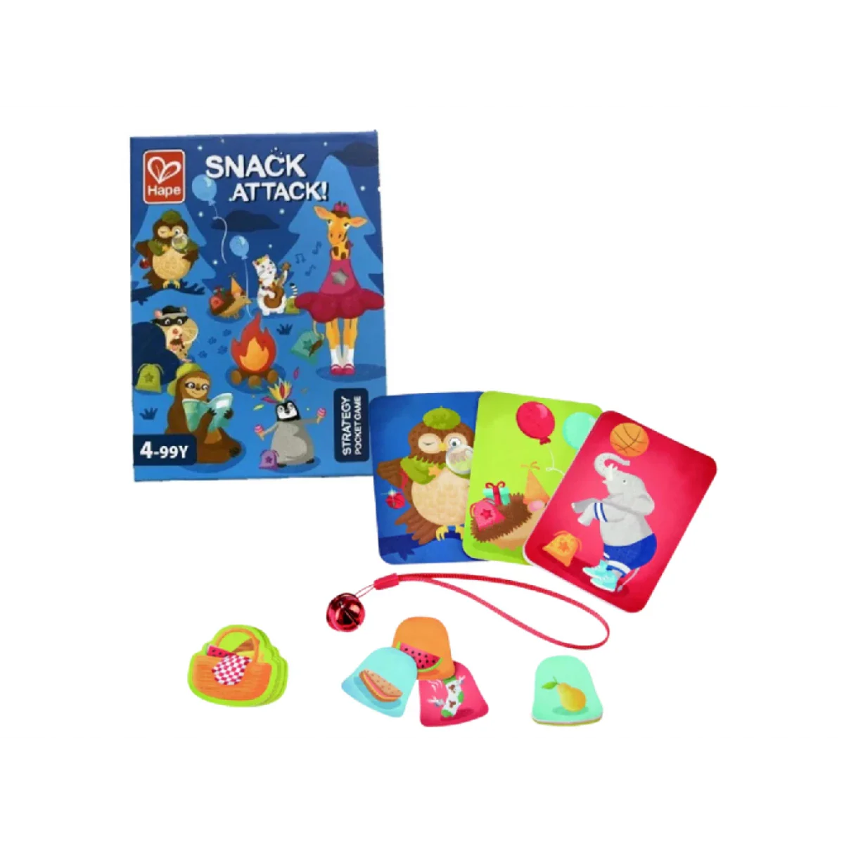 Snack Attack board game cards with wand, food-shaped pieces, and character cards