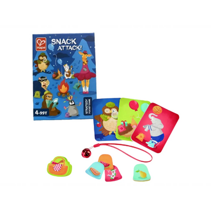 Snack Attack board game cards with wand, food-shaped pieces, and character cards