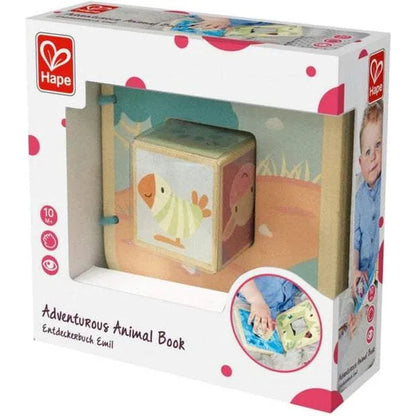 Animal sound book box with window showing colorful dinosaur and creature scenes