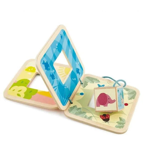 Children’s animal sound board book with hinged pages and blue dinosaur illustration
