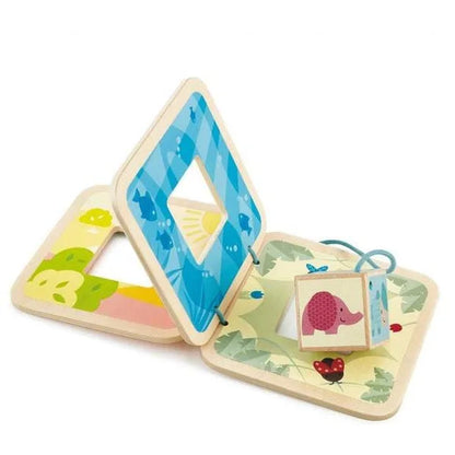 Children’s animal sound board book with hinged pages and blue dinosaur illustration