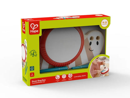 Hape drum musical toy box showing red drum and teal mallets