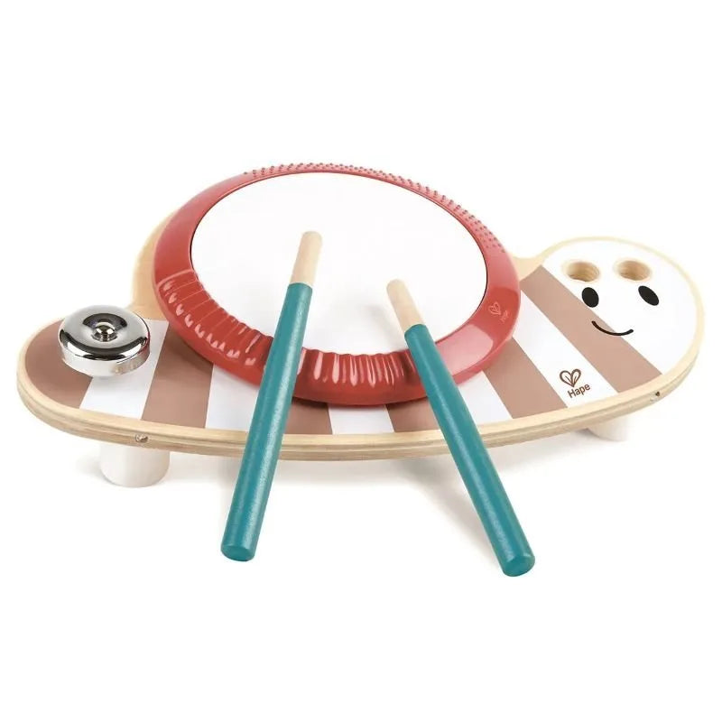 Wooden drum musical toy with red round drum and teal mallets