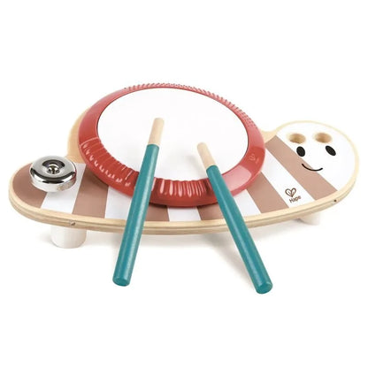 Wooden drum musical toy with red round drum and teal mallets