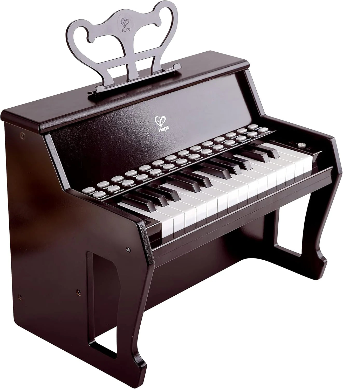 Hape toy keyboard with black body, white keys, and heart-shaped handle