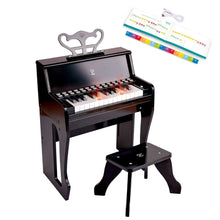 Schwarzes Kinderklavier mit Tastatur und Hocker