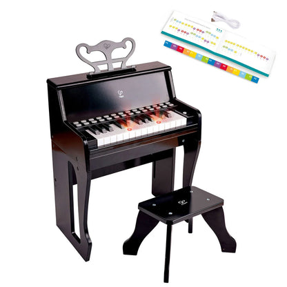 Schwarzes Kinderklavier mit Tastatur und Hocker