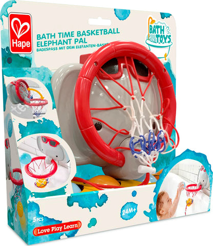 Hape Bath Time Basketball Elephant in box: red basketball hoop with net and white elephant
