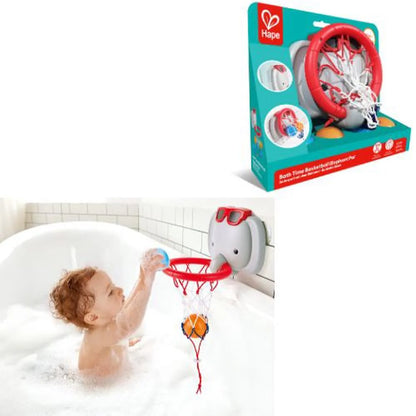 Elephant bath basketball hoop toy in bathtub: red hoop, net, and small ball