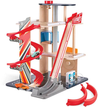 GEARHEAD STUNT GARAGE Spielset mit roten Schienen, Rampen und mehreren Ebenen