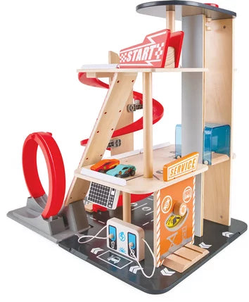 GEARHEAD STUNT GARAGE Spielset mit roten Loopings, Podesten und Beschilderung
