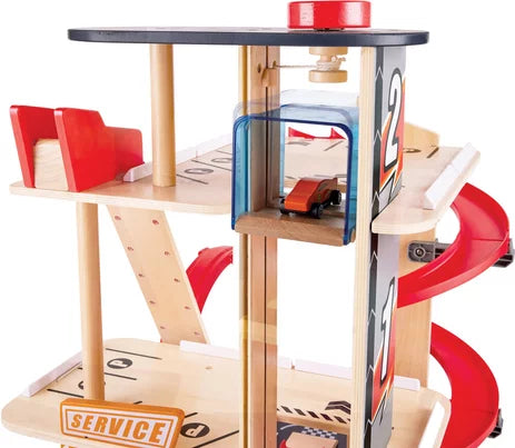 GEARHEAD STUNT GARAGE Spielset, seitlich mit blauer Rampe und roten Looping-Schienen