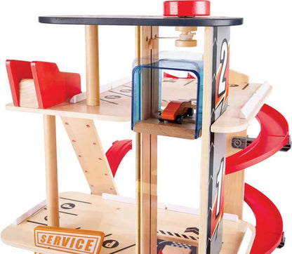 GEARHEAD STUNT GARAGE Spielset, seitlich mit blauer Rampe und roten Looping-Schienen