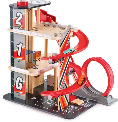 GEARHEAD STUNT GARAGE Spielset mit mehrstöckigen Rampen und roten Looping-Schienen
