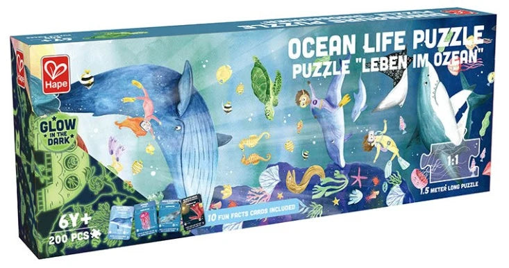 Ocean Life puzzle box, ocean animals and sharks; 200 pieces, 1.5 m long, Hape