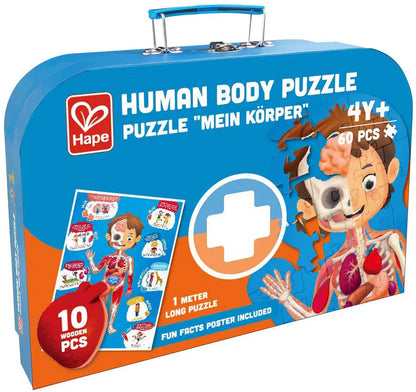 HUMAN BODY PUZZLE Kofferpackung, blau, 60 Teile, 10 Holzstücke, Poster inklusive