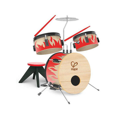 Hape flame-pattern drum set with double toms, hi-hat cymbal, and play stool