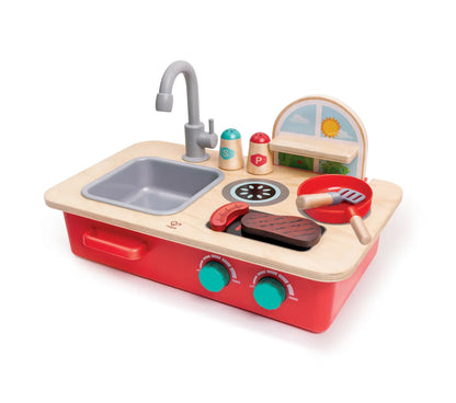 Cook and Create Countertop Kitchen Playset with sink, stove, knobs, and cookware