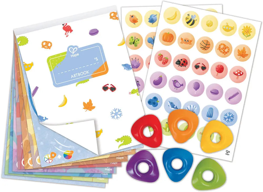 Crayon Colouring art pages with crayon covers in purple, blue, green and orange