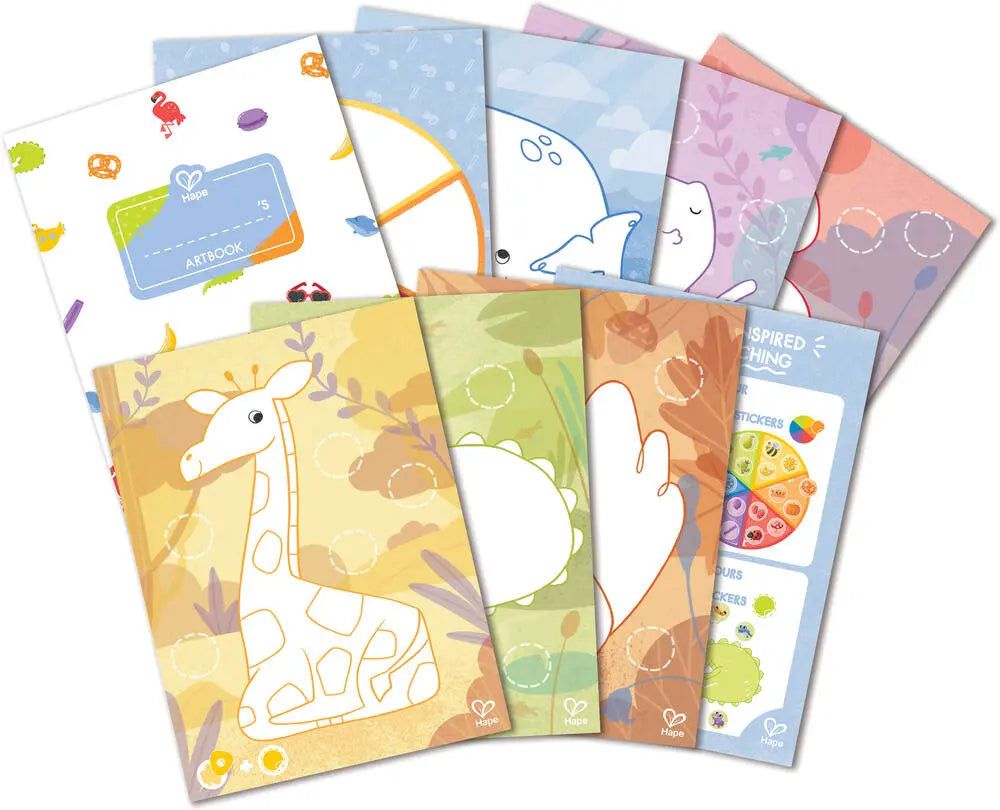 Crayon Colouring activity pages with pastel animal outlines and shapes