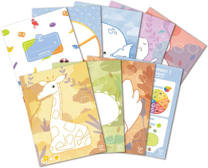 Crayon Colouring activity pages with pastel animal outlines and shapes