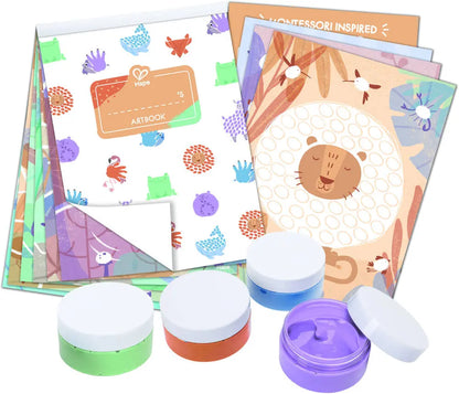 Finger painting supplies: paint pots and patterned art books with animal designs